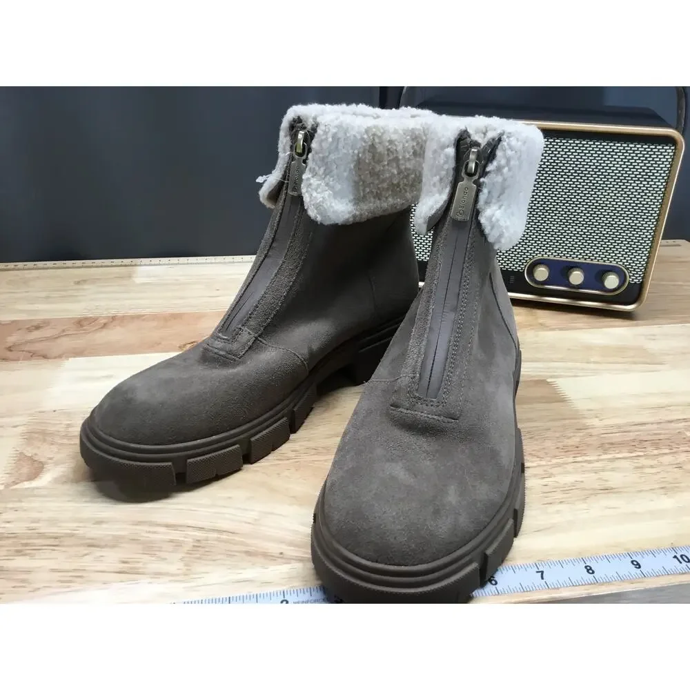 Blondo Sherpa Trim Ankle Boots Women's 10 Brown Front Zip Waterproof Round Toe
